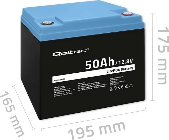 Bateri rikarikueshme Qoltec 53704, LiFePO4, 12.8V, 50Ah, 640Wh, me BMS Bateri rikarikueshme Qoltec 53704, LiFePO4, 12.8V, 50Ah, 640Wh, me BMS