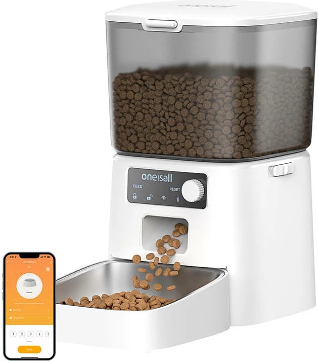 Dispenser ushqimi automatik i mençur, Oneisall, PFD001 Pro, 1.2 kg, deri 6 vakte/36 porcione, rrymë + bateri, i bardhë
