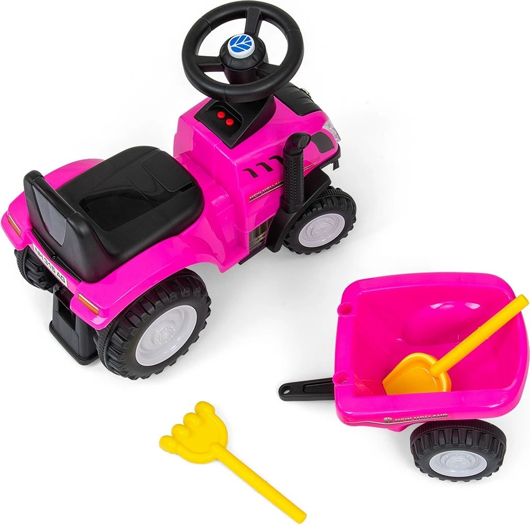 Traktor ride-on Milly Mally New Holland T7, me rimorkio dhe vegla, drita dhe zëra, 2xAA, moshë 12-36 muaj, rozë