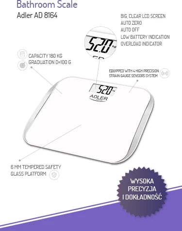 peshore banjoje, Adler, AD 8164, kapacitet 180 kg, saktësi 100 g, xham i temperuar, ekran LCD, e bardhë
