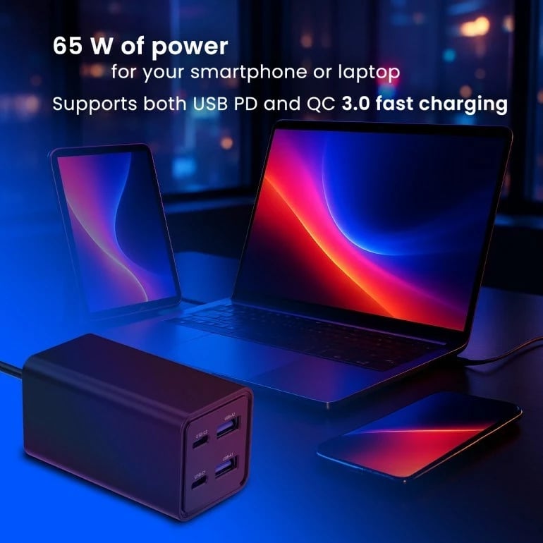 Karikues GEMBIRD TA-UC-2A2C-PD65-01-BK për laptop e celular, 65W, 4 porta USB, i zi