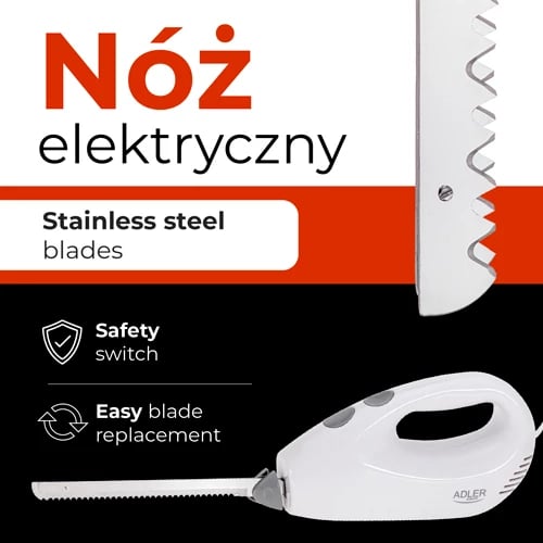 Thikë elektrike, Adler AD 4512, 180 W, 2 sete tehe inox, buton sigurie, teh 17 cm, e bardhë