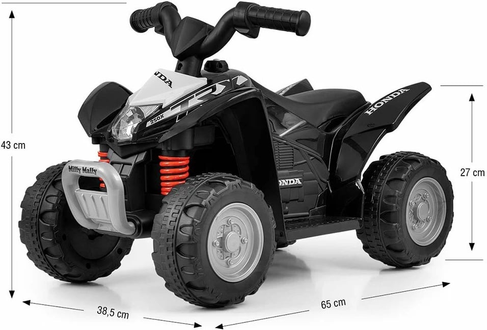 ATV elektrik për fëmijë, Milly Mally, Honda TRX 250X licencë, motor 30W, bateri 6V 4.5Ah, shpejtësi 2.5–3 km/h, zi