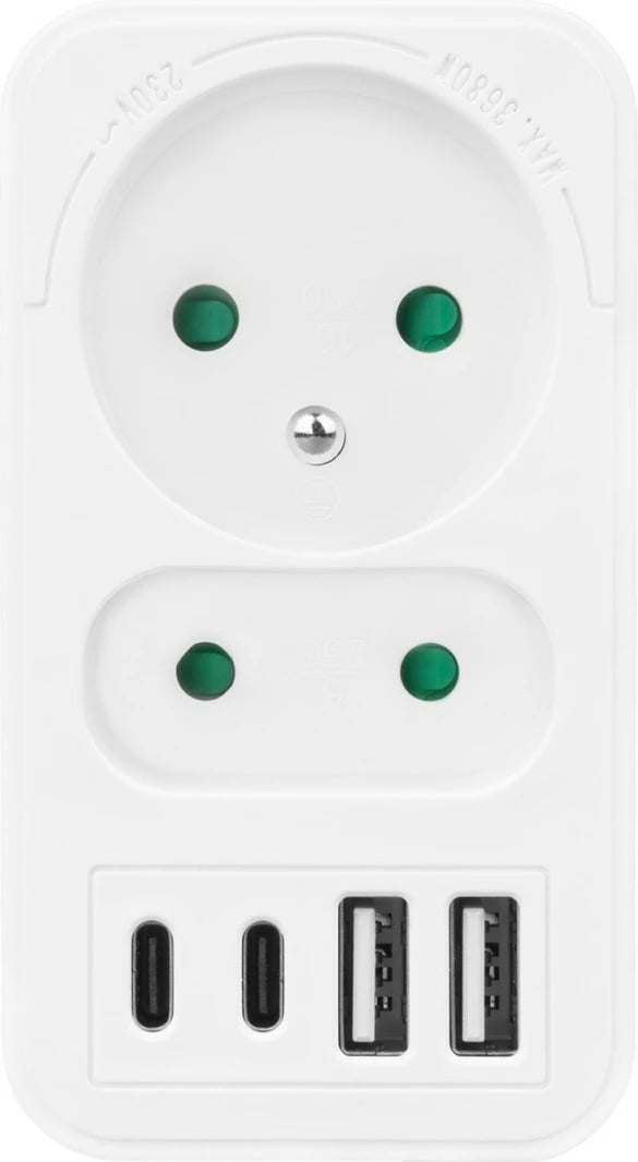 Shpërndarës prizash Maclean MCE249 F/W, 2 dalje AC (Schuko + Euro), 2x USB-A 18W, 2x USB-C PD 20W, i bardhë