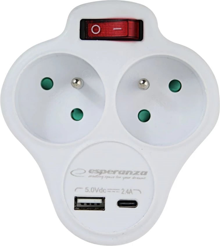Shpërndarës elektrik Esperanza ELK311W, 2 dalje AC, USB-A, USB-C, Bardhë