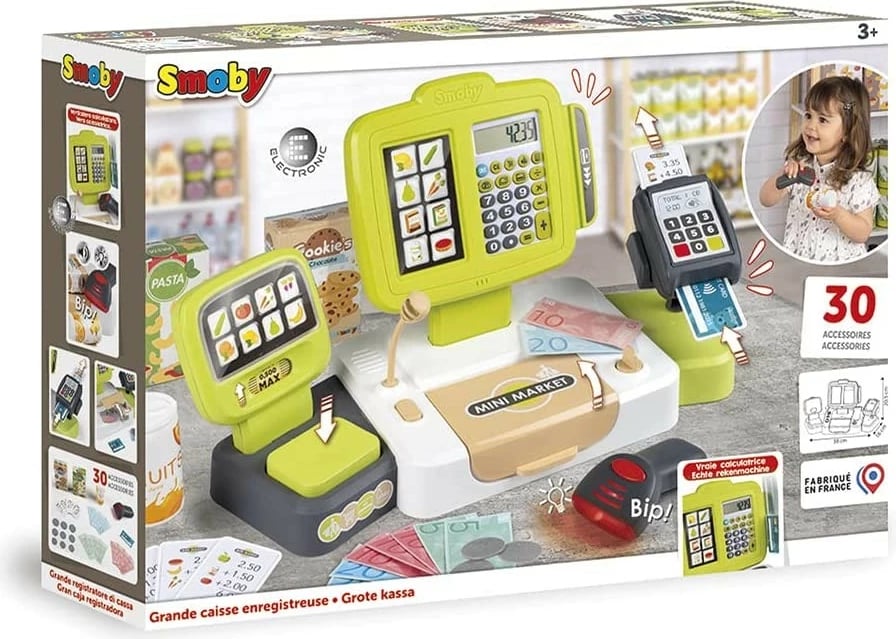 Kasë elektronike lodër Smoby Mini Market me skaner, shumëngjyrëshe, set me 30 aksesorë