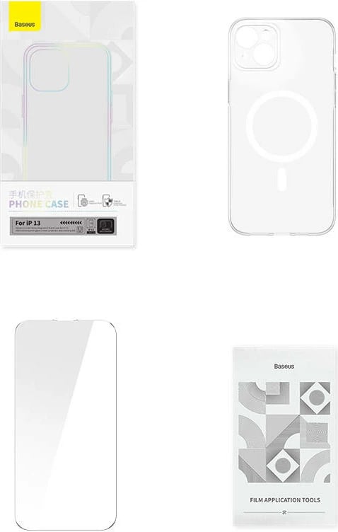 Mbështjellës Baseus Magnetic Crystal Clear për iPhone 13, transparent, me xham të temperuar dhe set pastrimi