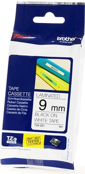 kasetë etiketuese Brother TZe-221 9 mm 8 m e laminuar, e zezë në të bardhë