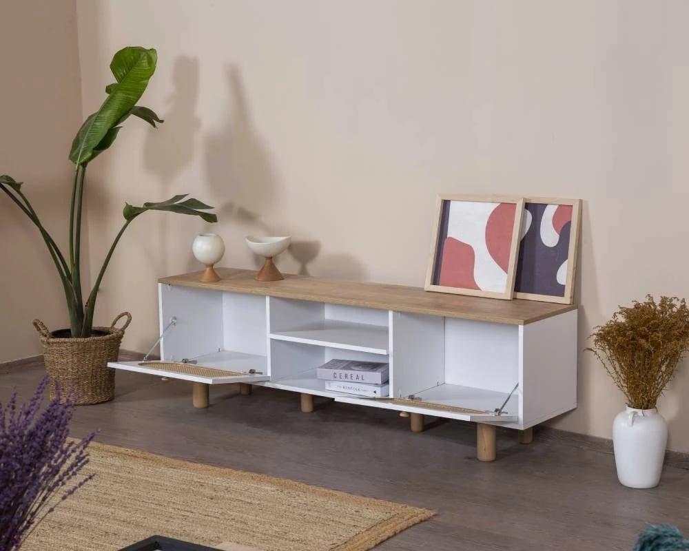 Komodë TV Skye Decor, stil bohem, e bardhë dhe lis