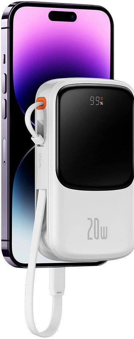 Power bank Baseus Qpow, 10000mAh, 20W, me kabllo Lightning të integruar, Bardhë