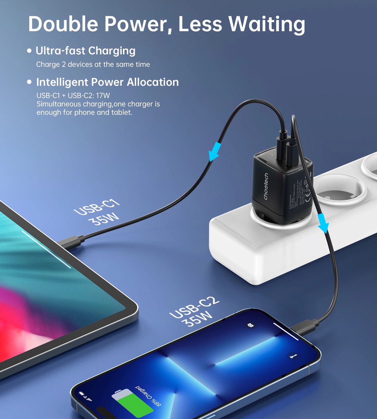 Karikues muri Choetech PD6051, 35W, 2x USB-C, me ekran, zi