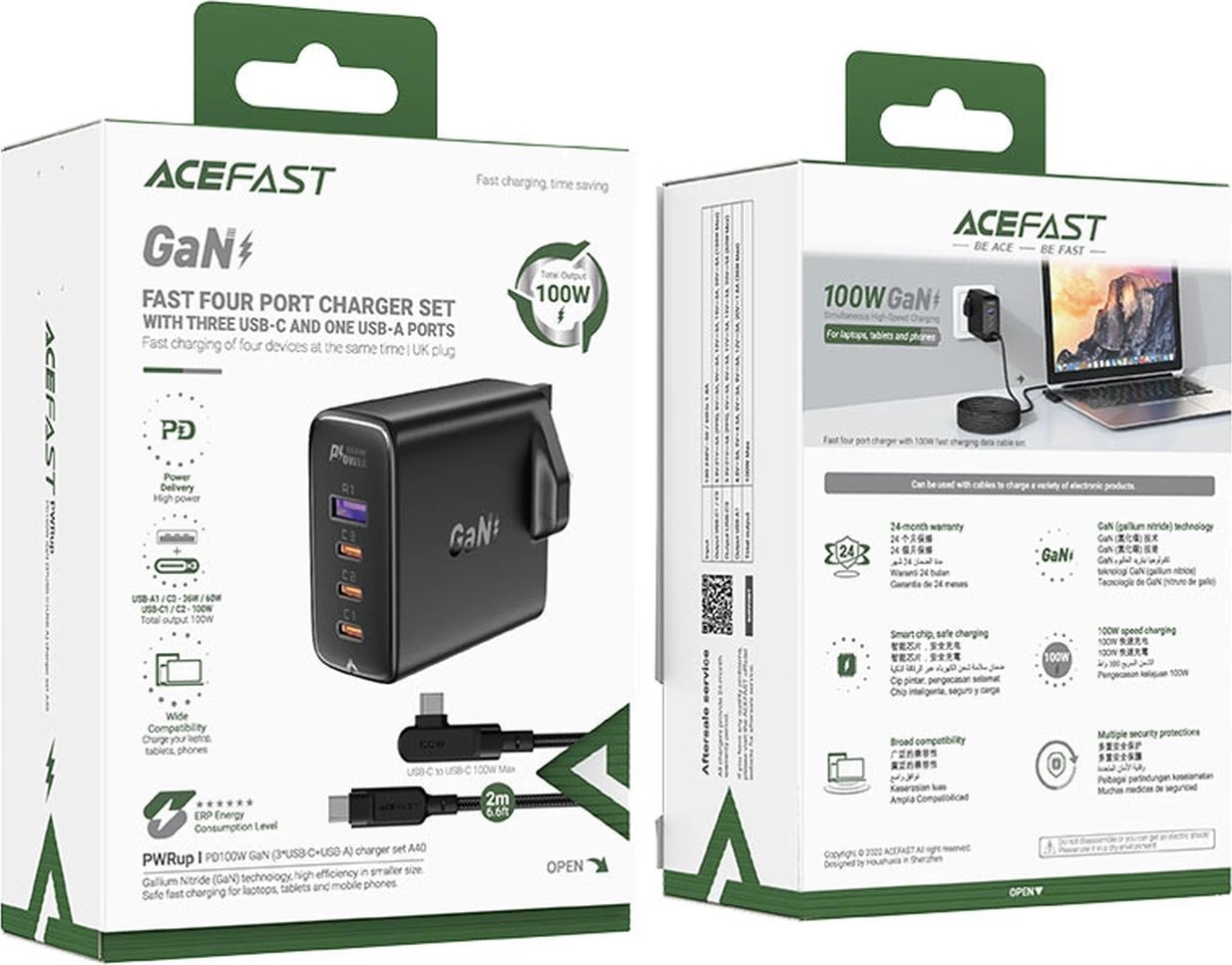 Karikues i shpejtë muri Acefast A40, 100W, 3x USB-C, 1x USB-A, GaN, me kabllo USB-C, UK plug, zi