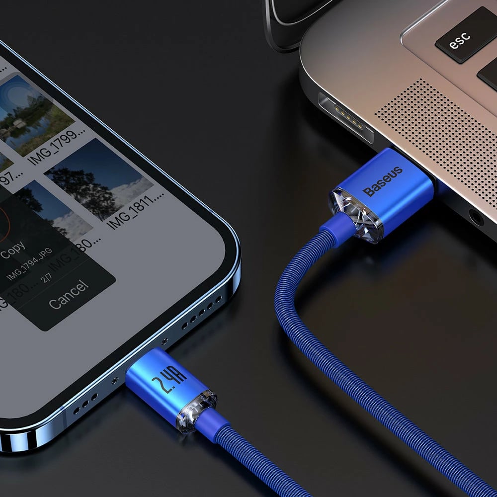 Kabllo karikimi dhe të dhënash Baseus Crystal Shine Series, USB-A në Lightning, 2.4A, 2m, kaltër Kabllo karikimi dhe të dhënash Baseus Crystal Shine Series, USB-A në Lightning, 2.4A, 2m, kaltër