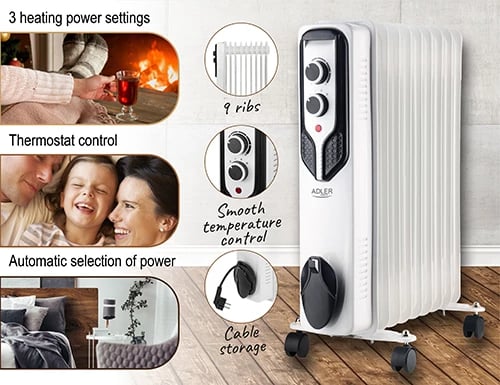 Ngrohës me vaj, Adler, AD 7816, 2000W, 9 rebra, 3 nivele, i bardhë