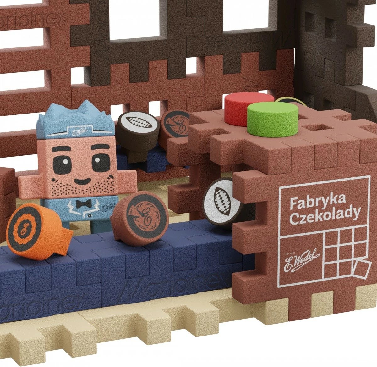 Set lodrash ndërtimi Marioinex Mini Waffle Fabryka Czekolady, 230 elemente, shumëngjyrëshe