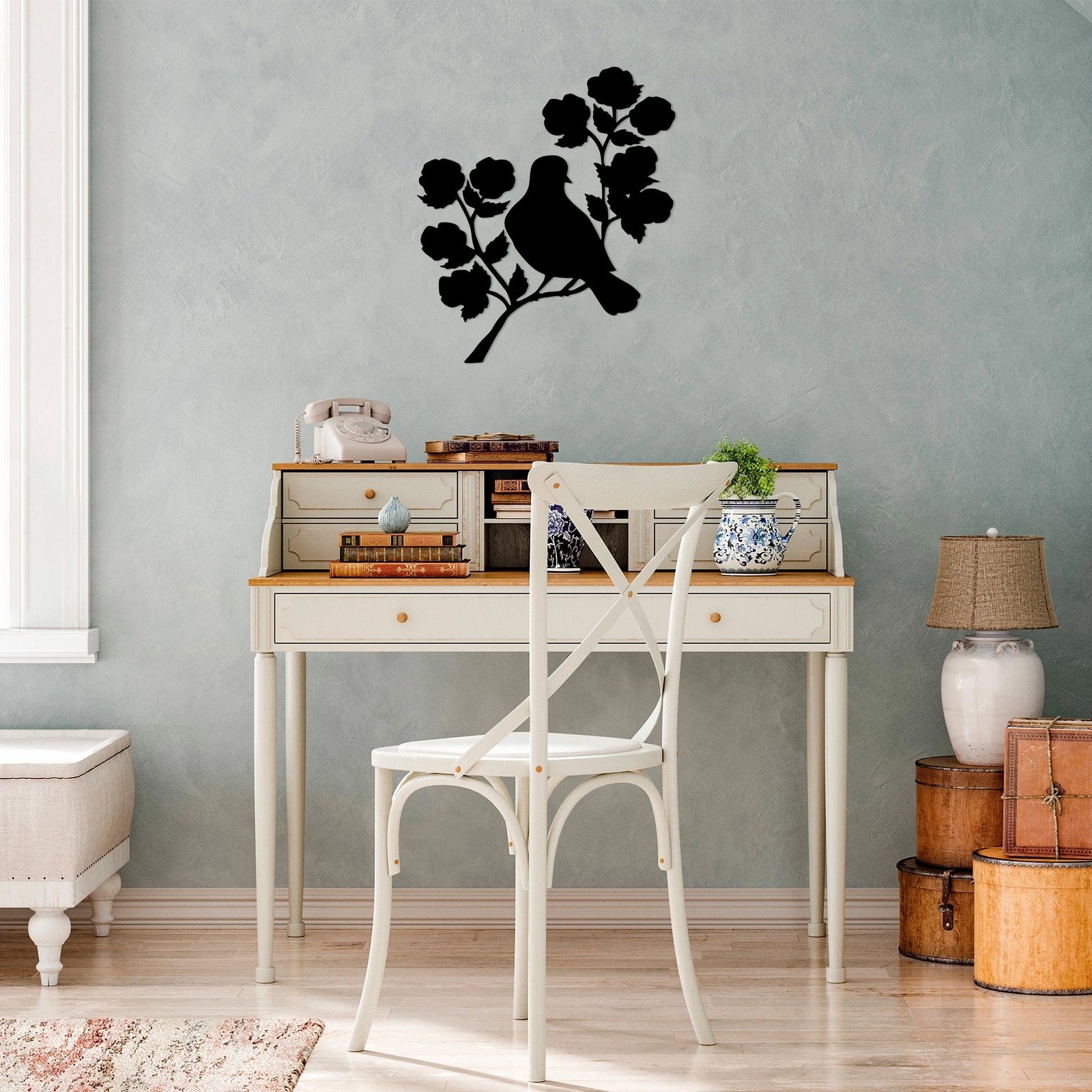 Aksesor dekorativ muri prej metali, trëndafil dhe zog, Wallity, 61x70cm