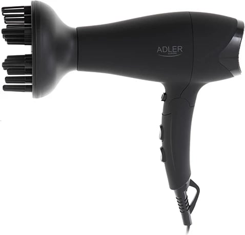 Tharëse flokësh, Adler AD 2267, 1800-2100W (maks. 2500W), 2 shpejtësi 3 temperatura me Cool Shot, dorezë e palosshme, me difuzor dhe koncentrator, e zezë