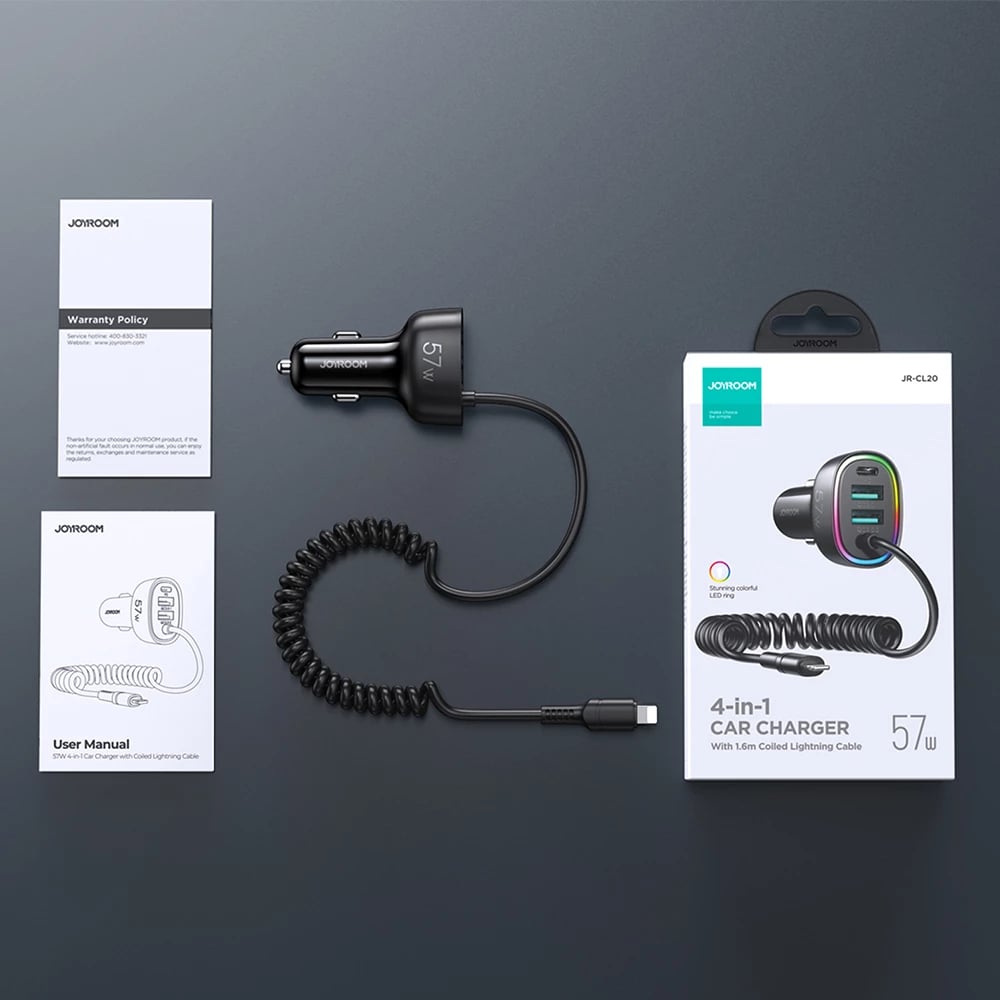 Karikues veture Joyroom JR-CL20, 4 në 1, 57W, me kabllo Lightning 1.6m, i zi