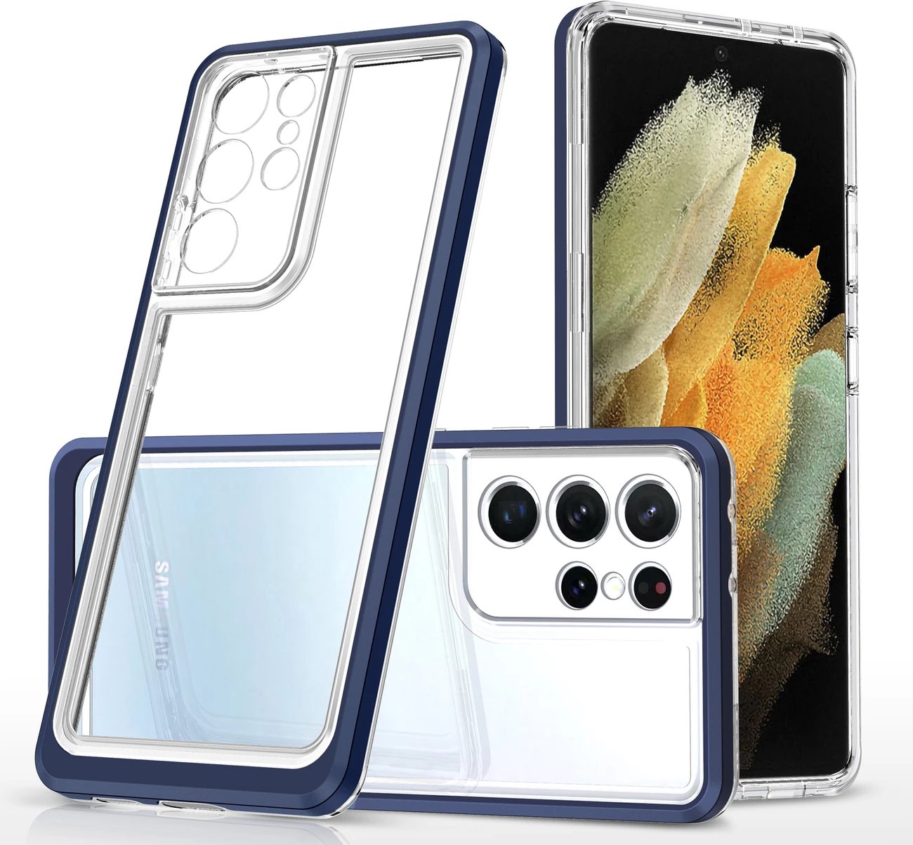 Mbështjellës Hurtel Clear 3in1 për Samsung Galaxy S23 Ultra, kornizë kaltër, transparent