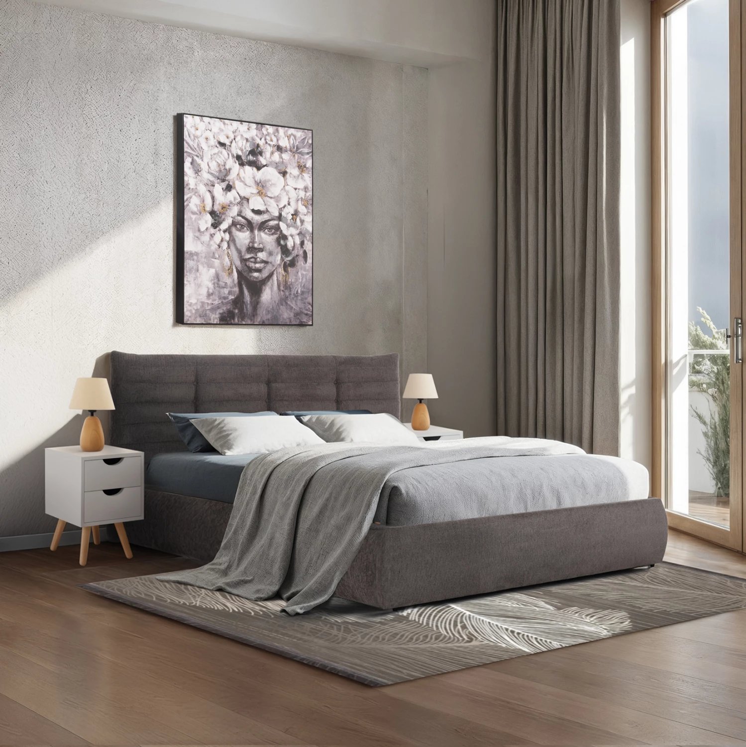 Krevat dopio SANDRA, stof gri, me hapësirë për depo, për dyshek 160x200cm