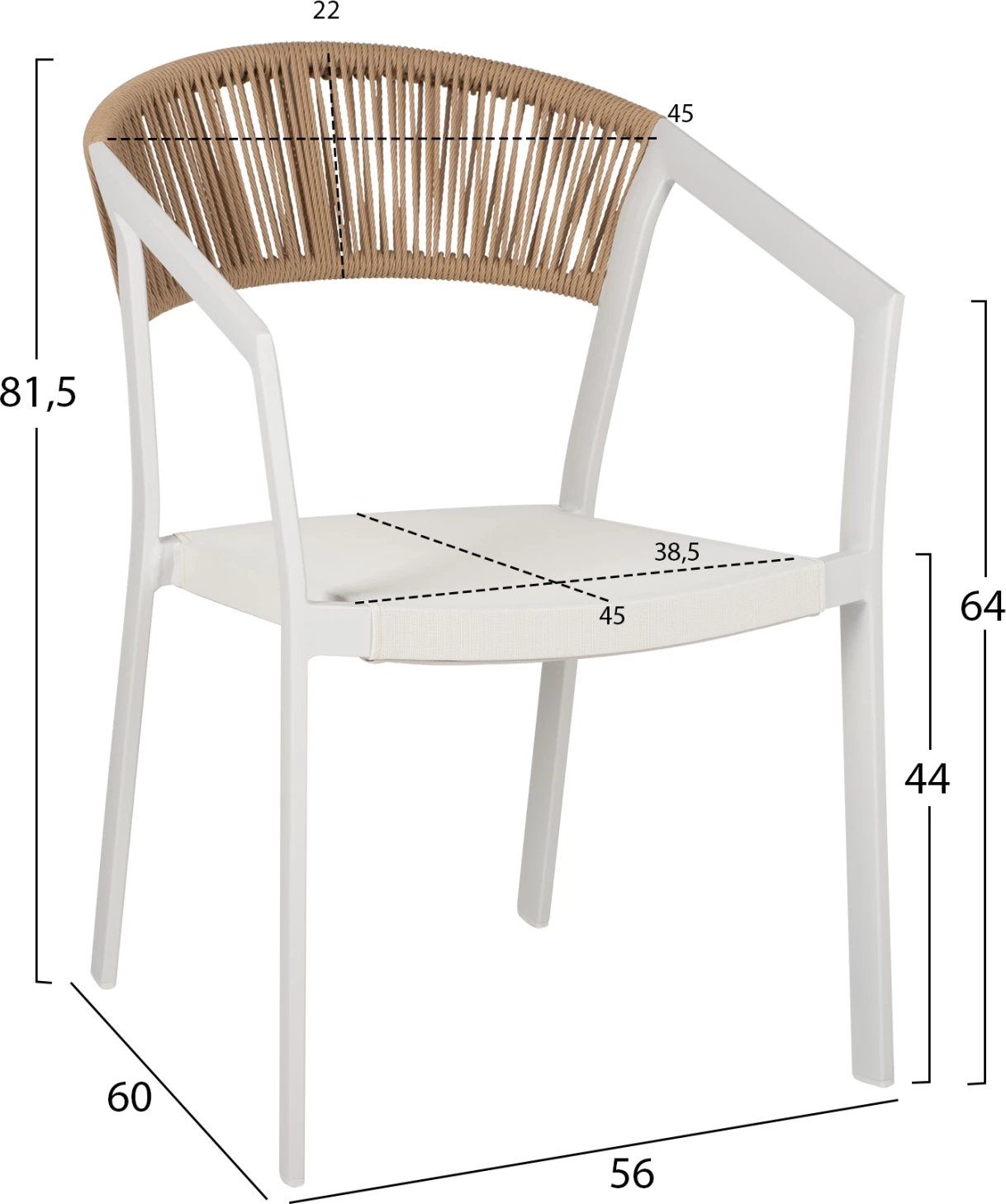 Karrige alumini FH5891.02, kornizë e bardhë dhe tekstilinë, mbështetëse ratan bezhë, 56x60x81.5 cm