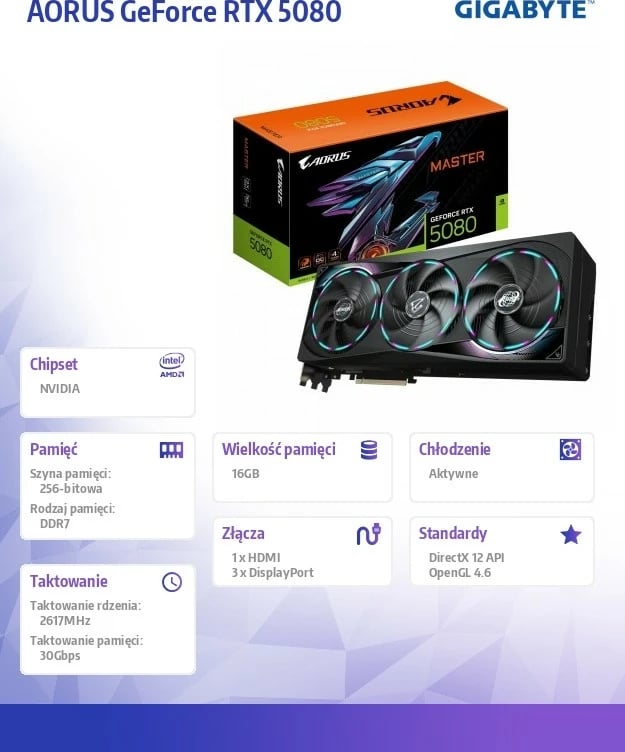 Kartelë grafike Gigabyte AORUS GeForce RTX 5080 MASTER 16G, 16 GB GDDR7, PCI-E 5.0, e zezë