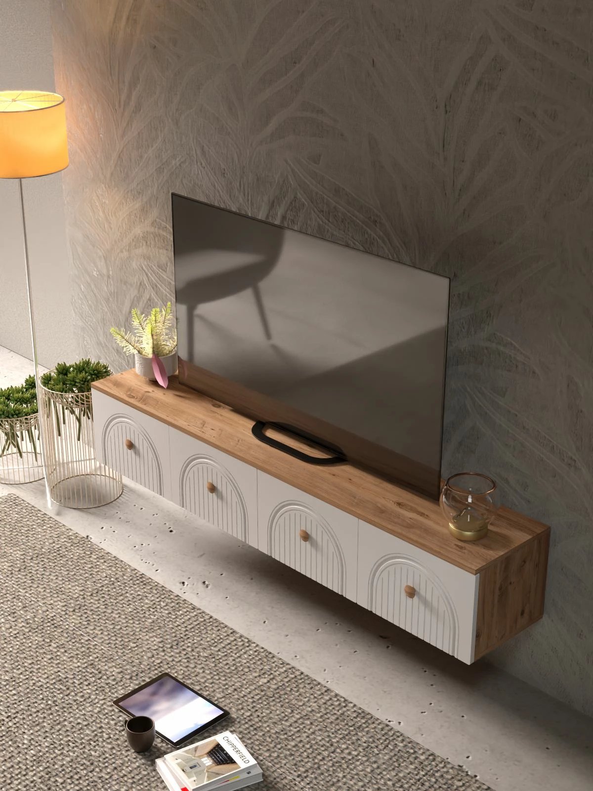 Komodë televizori Skye Decor, Lunera 180, ngjyrë pishë Atlantike dhe e bardhë