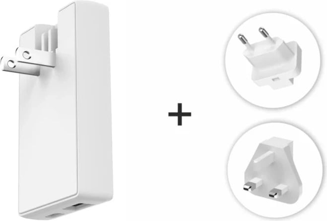 SWISSTEN KARIKUES GaN USB-C + USB-A 45W me priza të ndërrueshme (SHBA, BE, Britani e Madhe)