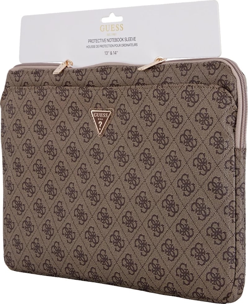 Mbështjellës laptop Guess 4G Zipper Pocket Triangle Logo, 14", Kafe