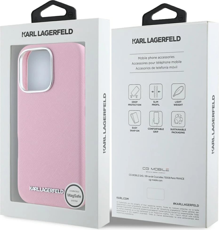 Mbështjellës Karl Lagerfeld Saffiano Full Wrapped Elongated Metal Logo MagSafe për iPhone 16 Pro, Rozë