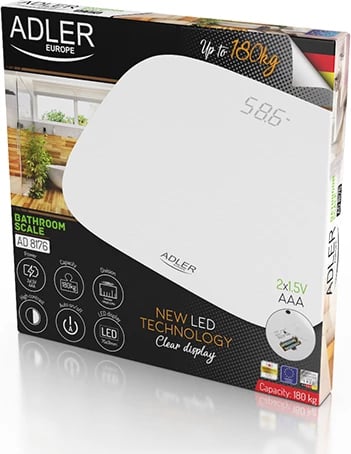 Peshore banjoje, Adler AD8176, kapacitet 180 kg, platformë xhami të temperuar 6 mm 300x300 mm, ekran LED, e bardhë