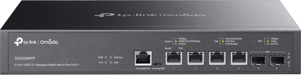 Switch TP-Link TL-SX3206HPP (SX3206HPP) 6 porta 10G L2+ me 4x PoE++ dhe 2x SFP+, e zezë