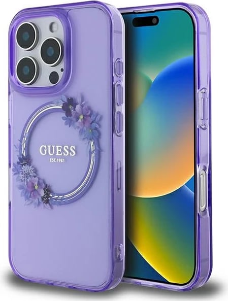 Mbështjellës Guess IML Flowers Wreath MagSafe për iPhone 16 Pro, Vjollcë