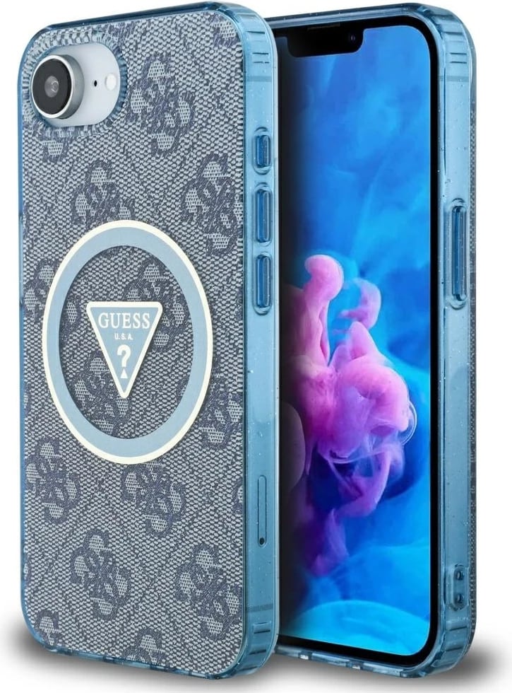 Mbështjellës Guess IML Metal Glitter 4G Circle Triangle MagSafe për iPhone 16e, Blu