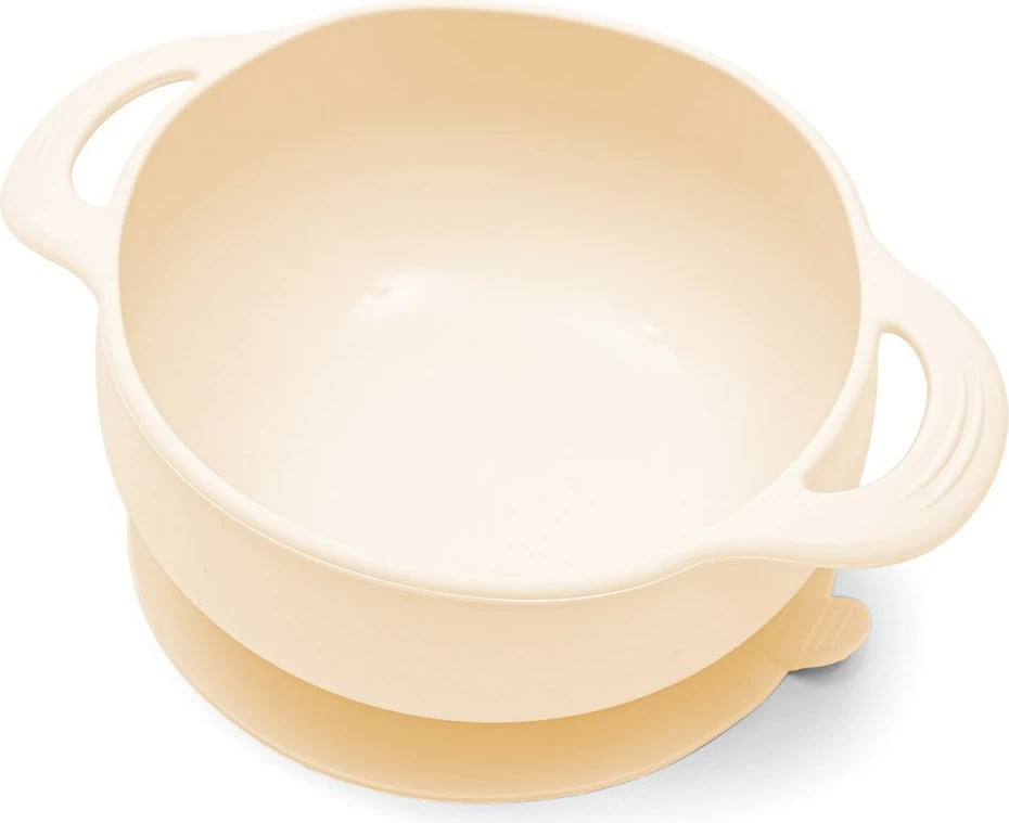 set ushqyerje silikon për fëmijë, New Baby, pjatë 3-ndarje me thithëse, tas me doreza e thithëse, lugë e pirun me doreza druri, përparëse me xhep, bezhë