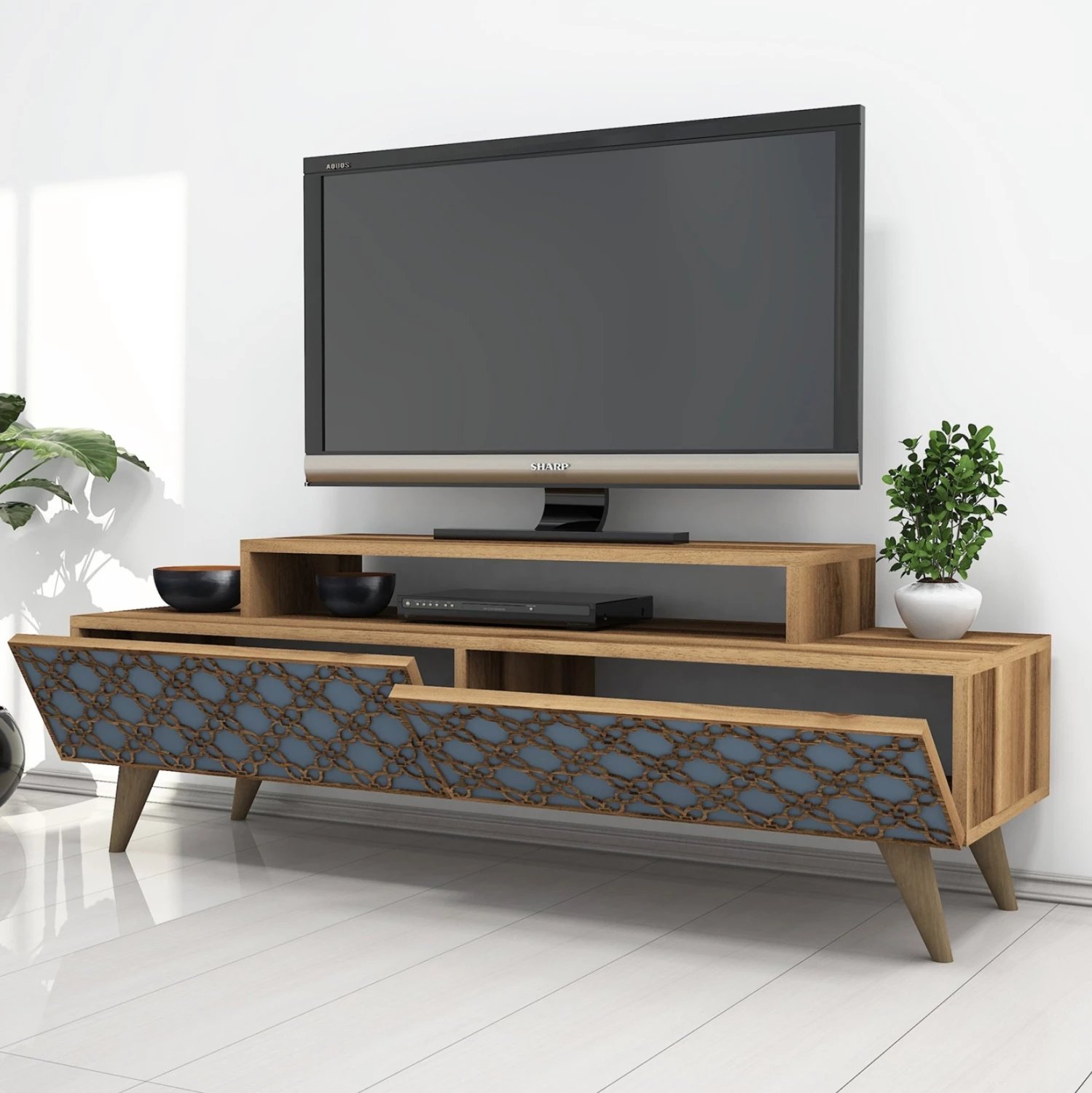 Stendë TV melamine, ngjyrë arre dhe qiellore, FH9510.02, 140x41.8x48.8H cm