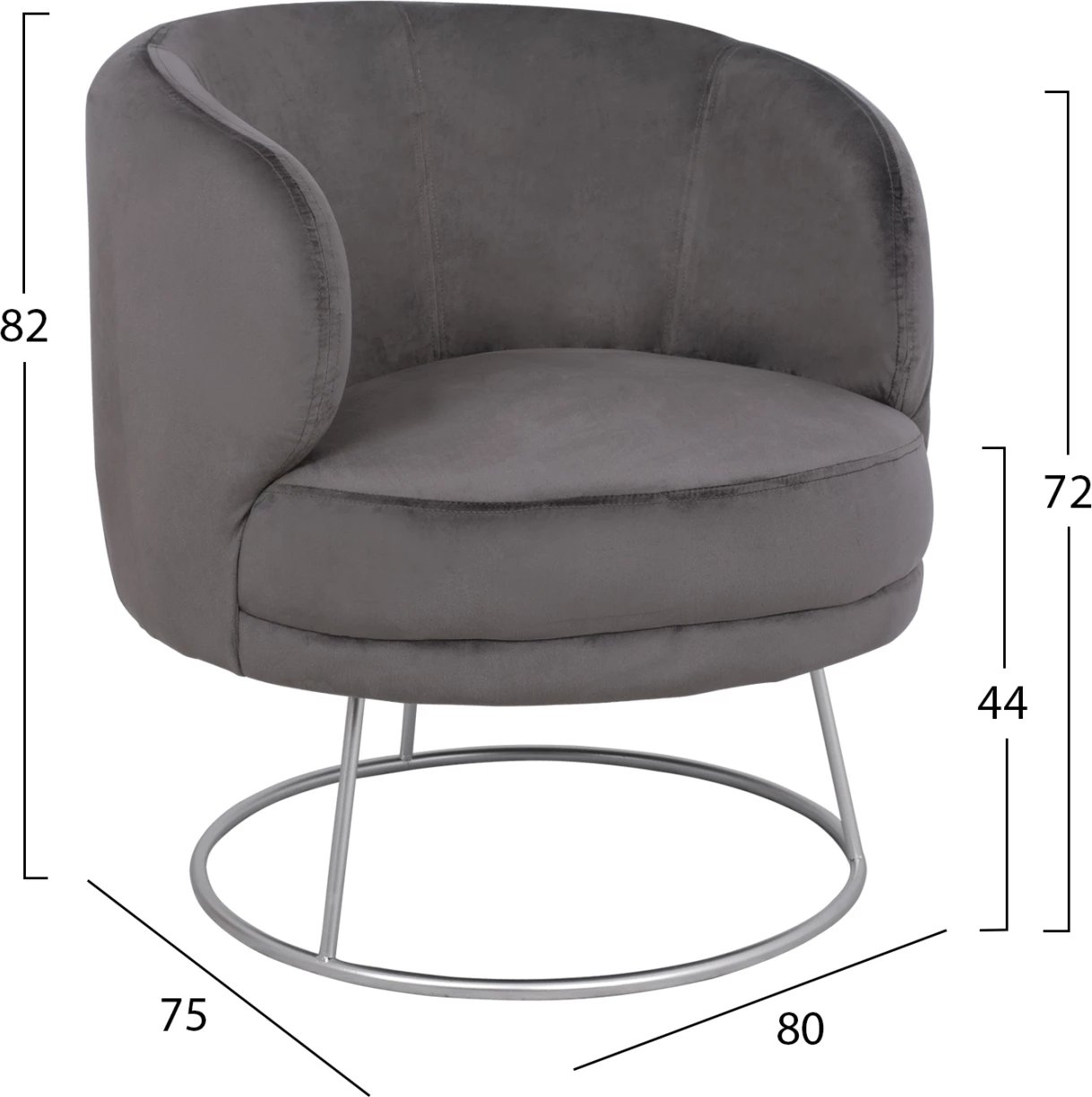 Karrige me krahë Arien FH8403.01, kadife gri, bazë argjendi 80x75x82cm