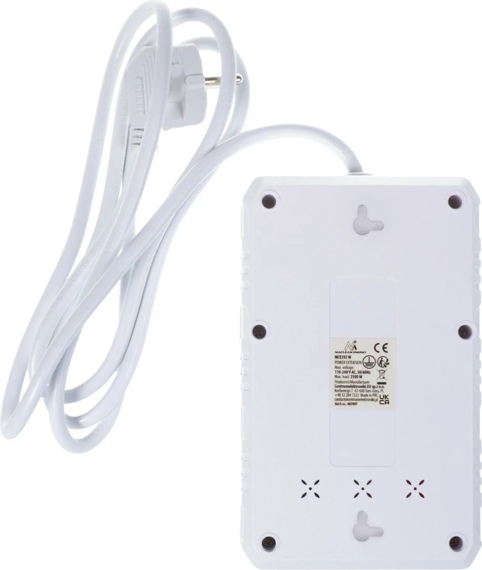 Zgjatues elektrik Maclean MCE392 W, 4 priza Schuko, 3x USB, 2500W, 110-240V, kabllo 1.5m, me çelës, e bardhë