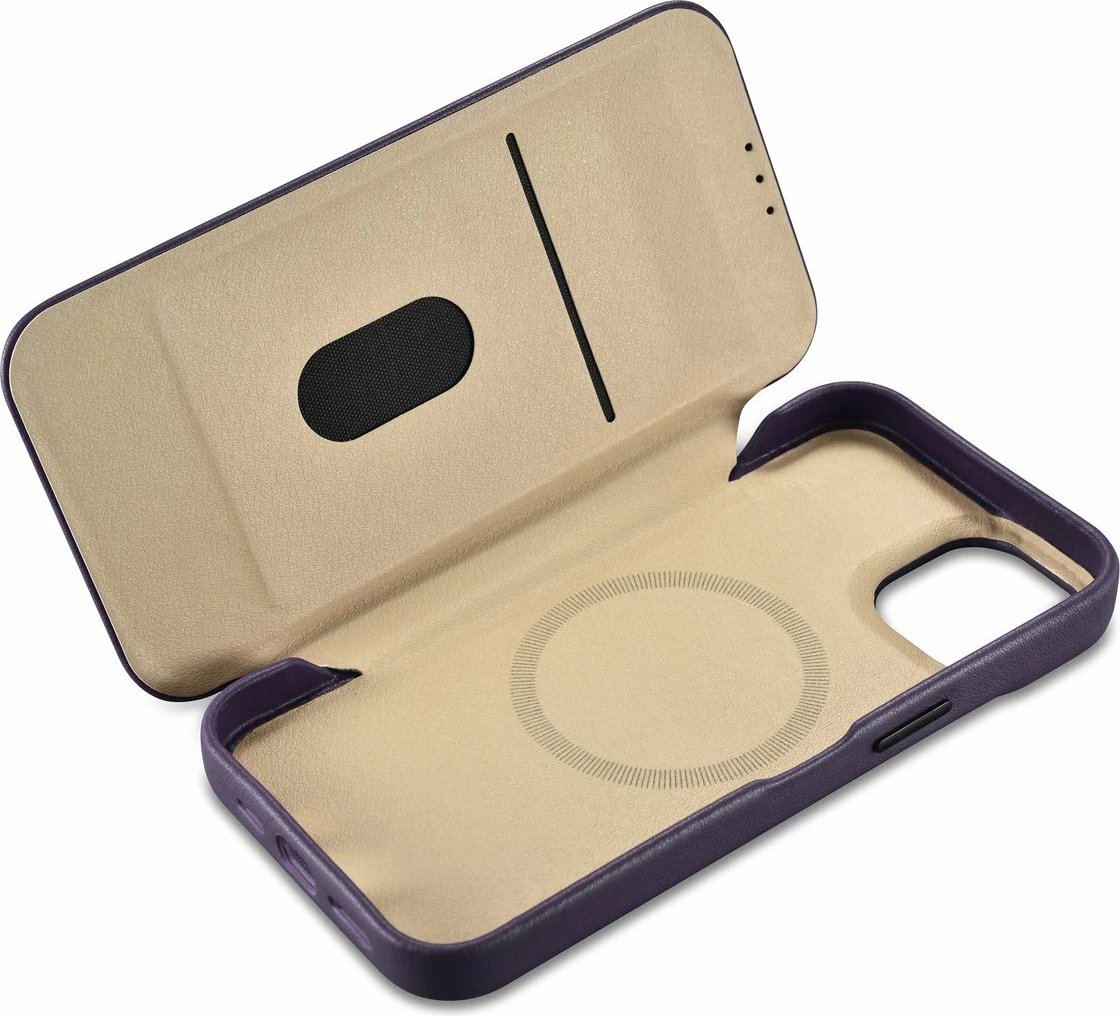 Mbështjellës iCarer CE Premium lëkurë, për iPhone 14 Plus, MagSafe, vjollcë e errët