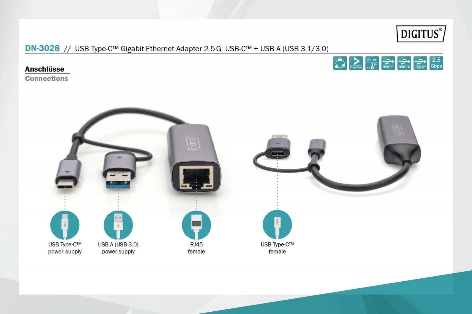 Adapter rrjeti LAN Digitus DN-3028, USB-C + USB-A, 2.5 Gbps, Gri