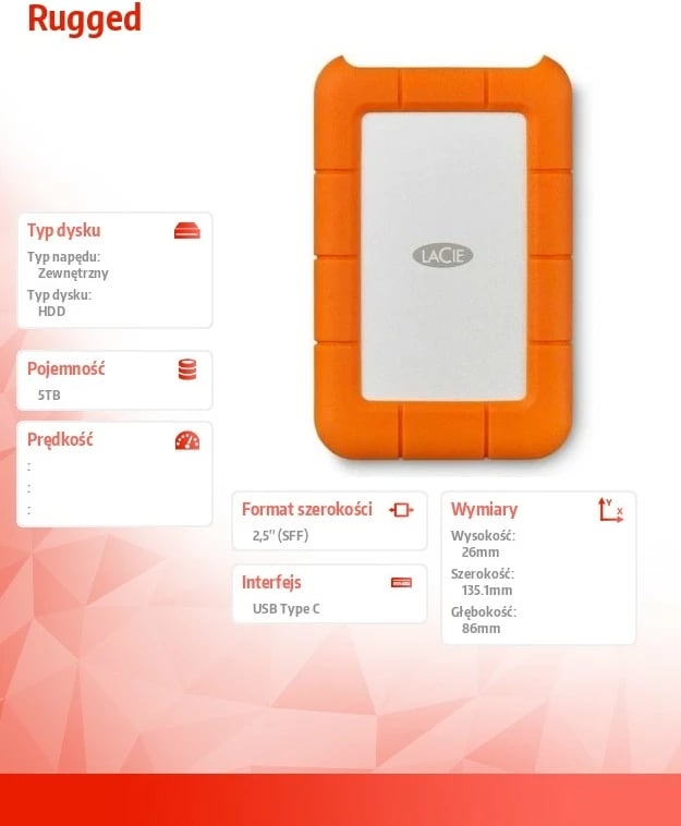 Kasë e jashtme LaCie Rugged 5TB, 2.5", USB Type-C, Portokalli/Gri