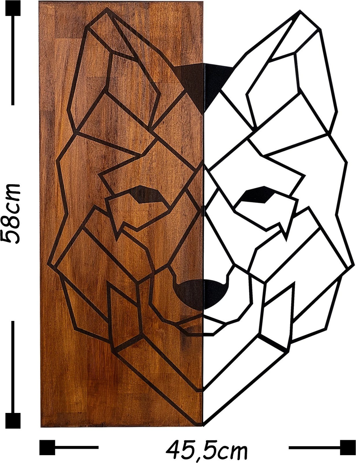 Aksesor dekorativ për mur, dru dhe metal, motiv ujku, Wallity, ngjyrë arre dhe e zezë, 45.5x58cm