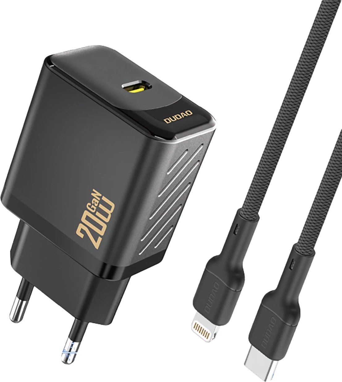 Karikues muri, Dudao A26LEU, PD 20W GaN, port USB-C, prizë EU, me kabllo USB-C në Lightning, i zi