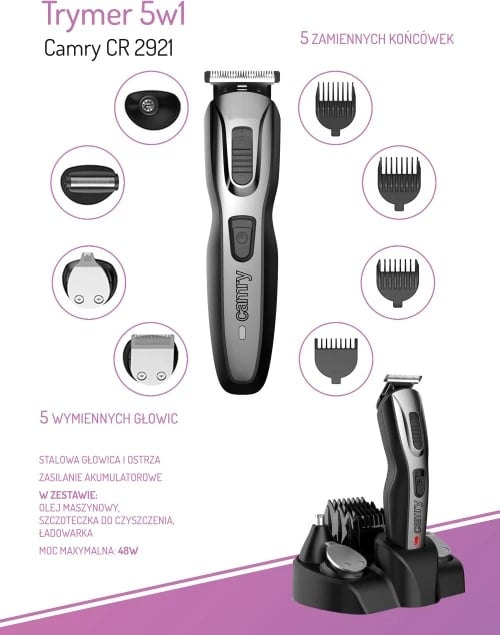 Trimmer, Camry CR 2921, 5 në 1, pa kabllo, 48W, set me bazë-karikues