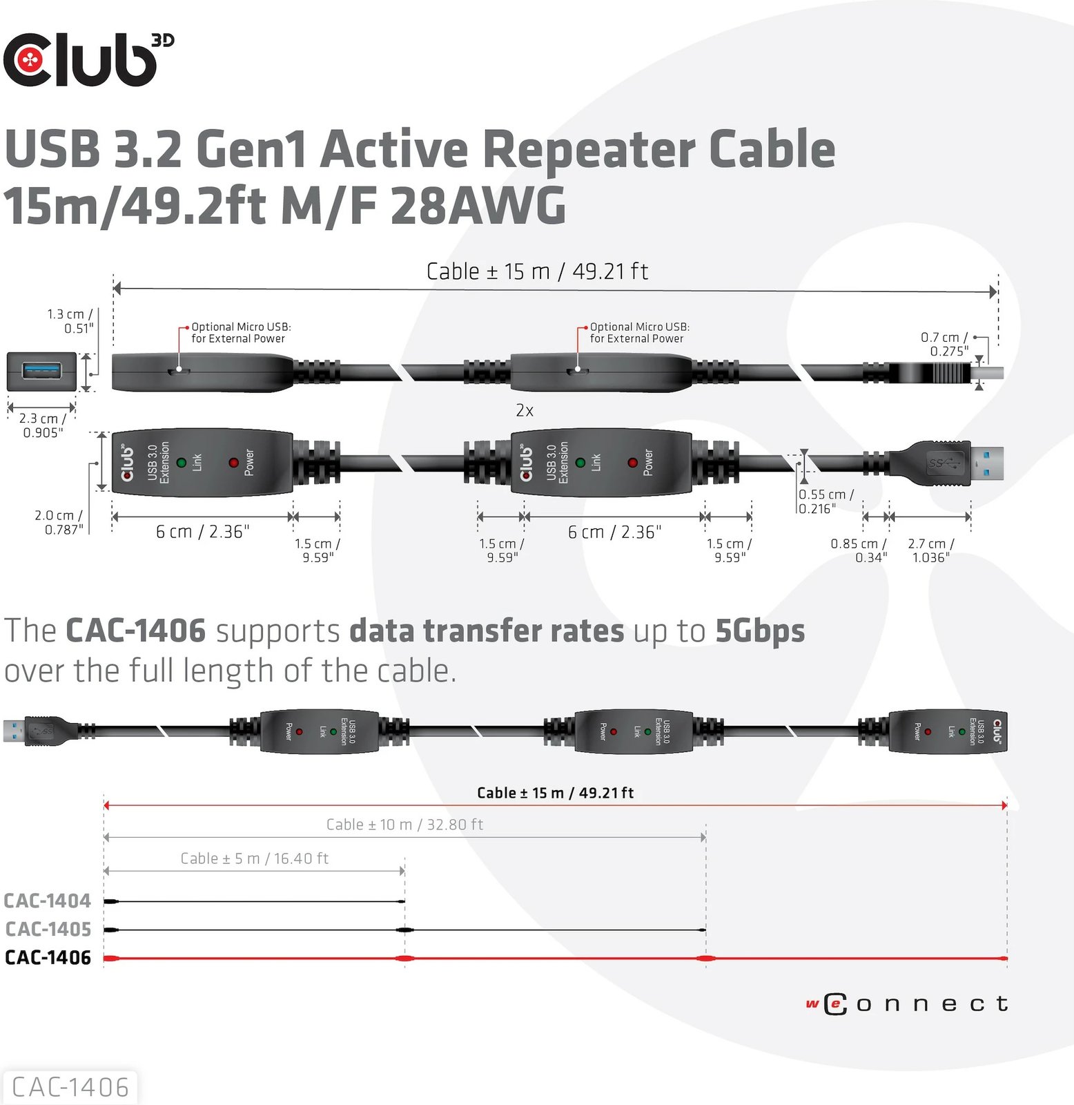 Kabllo USB zgjatuese Club3D 15m, USB 3.2, e zezë