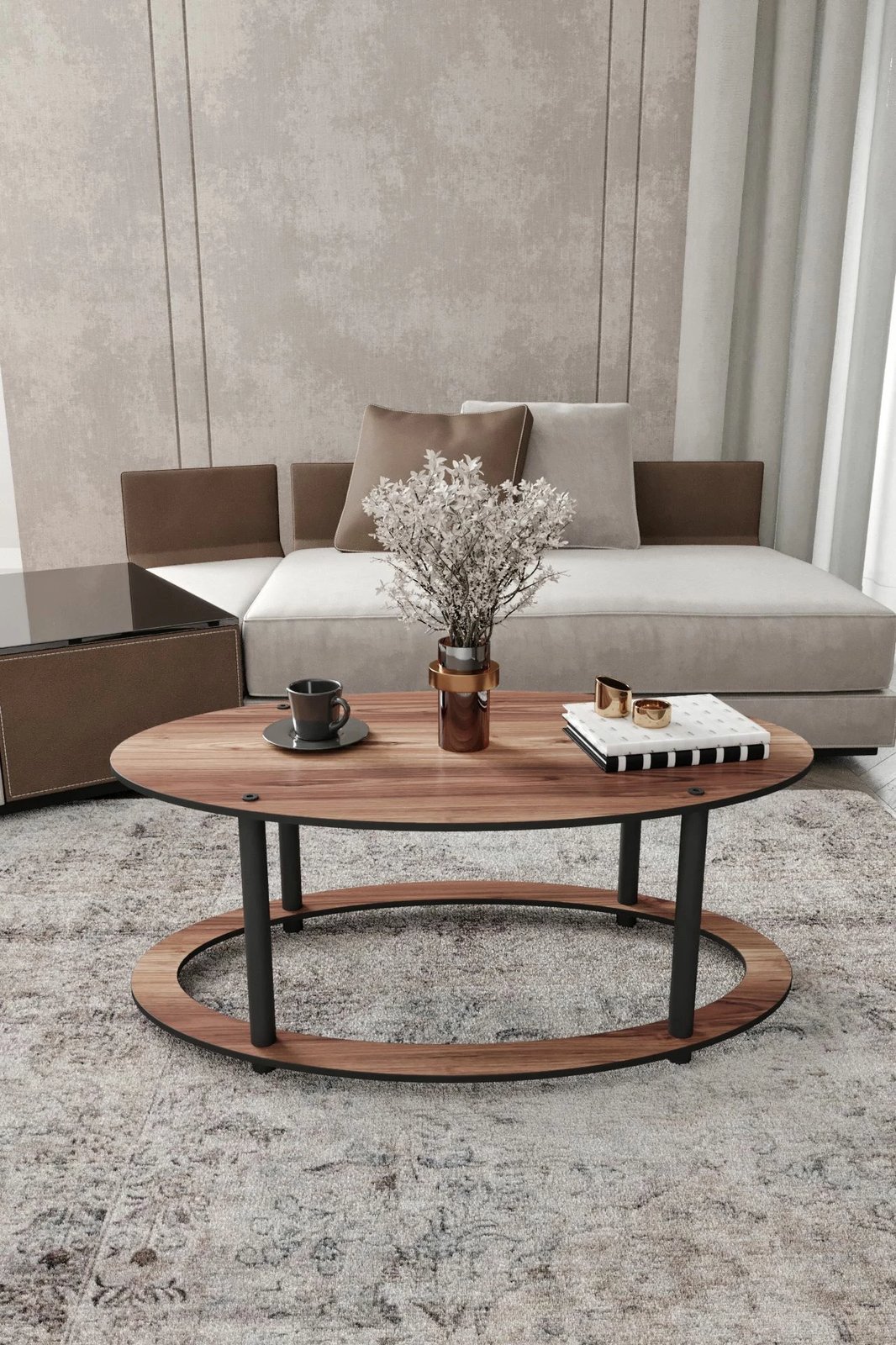 Tavolinë kafeje Skye Decor, formë elipse me vrimë, ngjyrë arre