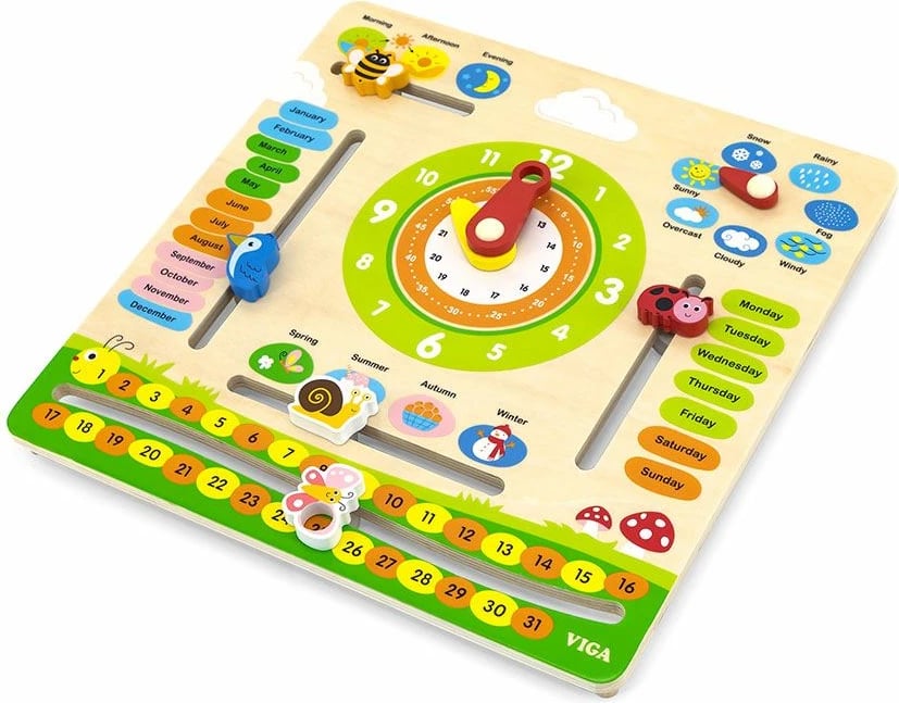 kalendar druri edukativ, Viga, orë analoge dhe mësim i muajve, ditëve, stinëve e motit, 300x300 mm, multicolor