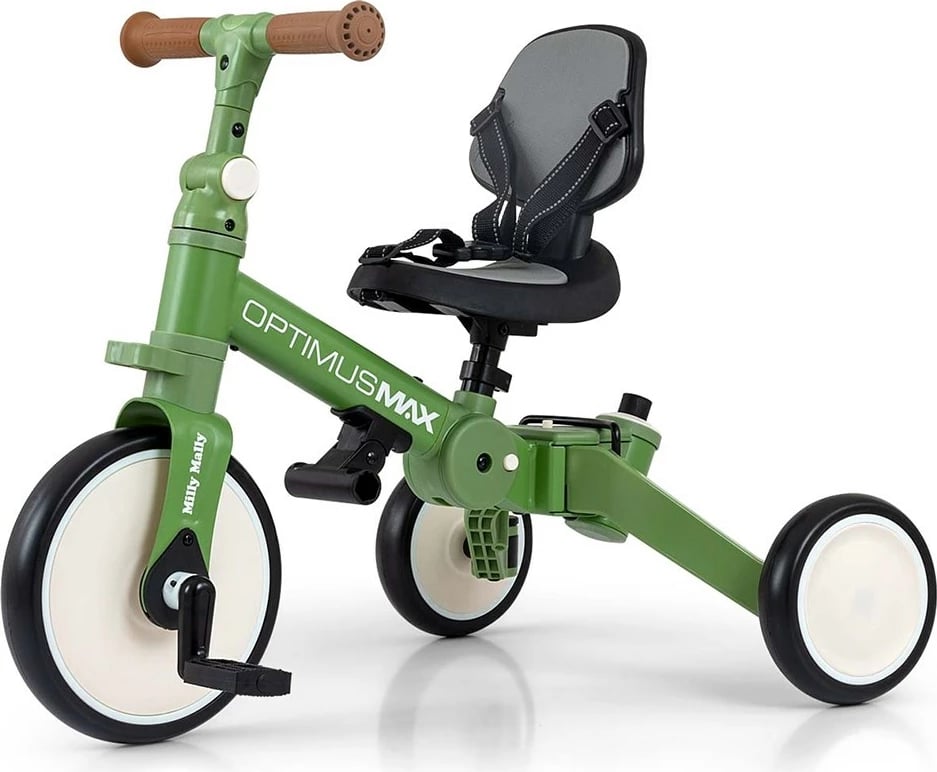 Tricikël & biçikletë balancuese 5‑në‑1 me dorezë prindi, Milly Mally Optimus Max, rrota shkumë, kornizë çeliku, 12M+, e gjelbër