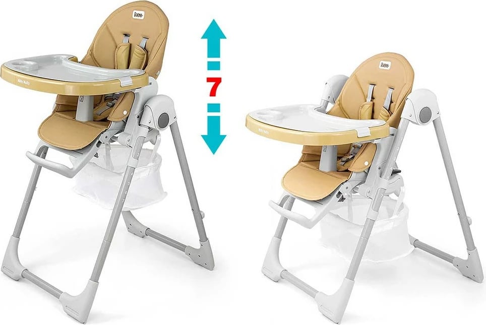 karrige e lartë për ushqim, Milly Mally Bueno, 7 nivele lartësie, shpinore reclinueshme, rripa 5-pikësh, deri 15 kg, 6–36 muaj, bezhë