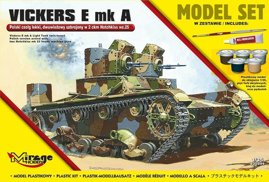 Model tanku i lehtë Mirage Vickers E mk A, 1:35, set me ngjyra dhe brushë Model tanku i lehtë Mirage Vickers E mk A, 1:35, set me ngjyra dhe brushë